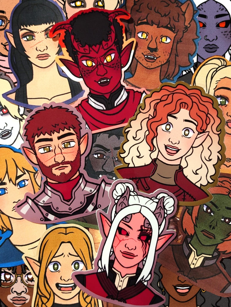 May include: A collection of colorful illustrated stickers featuring various characters with different hairstyles, skin tones, and facial expressions. The stickers are designed in a cartoon style and feature details like horns, ears, and clothing.
