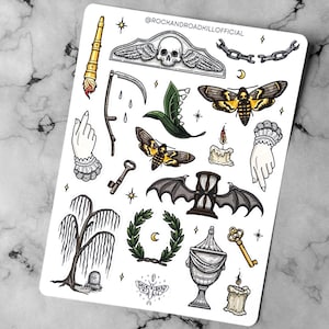 Hoja de pegatinas - Victoriano, cementerio, memento mori, funeral, lápida, tumba, urna, polilla, símbolos, gótico, oscuro, pegatina - Rock&Roadkill