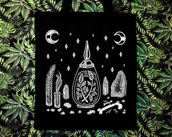 100% cotton (organic) bag - 340 gsm thick fabric, long handles, witches, shrine, crystal, moon, Wicca, spell - Rock&Roadkill