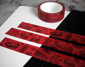 Washi Tape "Drain The Blood" - Vampire, Dracula, Horror, Blood Bag, Crucifix, Van Helsing, Bat, Planner - Rock&Roadkill