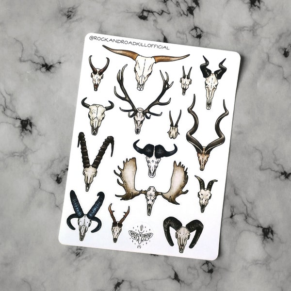 Sticker sheet "Horns 'N Antlers" - bones, skull, taxidermy, hunting, trophy, antlers, horn, natural history, skeleton, stickers - Rock&Roadkill