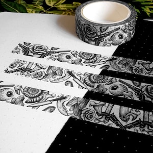 Ruban adhésif Washi « Old Bones » – Armes, os, dents, yeux, roses, tatouage, agenda – Rock&Roadkill