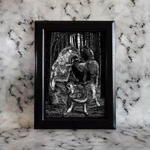 Kunstdruck A4 &quot;Wolves Curse&quot; - Wölfe, Wald, Kampf, Dark, Linework, Okkult, Goth, 2020 Collab w/ Christopher Reuter Design - Rock&Roadkill