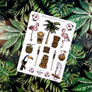 Sticker sheet &quot;Spooky Tiki&quot; - flamingo, palm tree, cockatoo, toucan, tropical, hibiscus, cocktail, rockabilly, vacation, sticker - RockAndRoadkill
