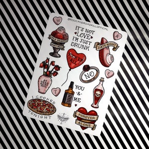 Stickerbogen "Dead Flowers" - Liebe, Valentinstag, Pizza, Whiskey, Herz, Ring, Zaubertrank, Eiscreme, Single, Luftballon - Rock&Roadkill