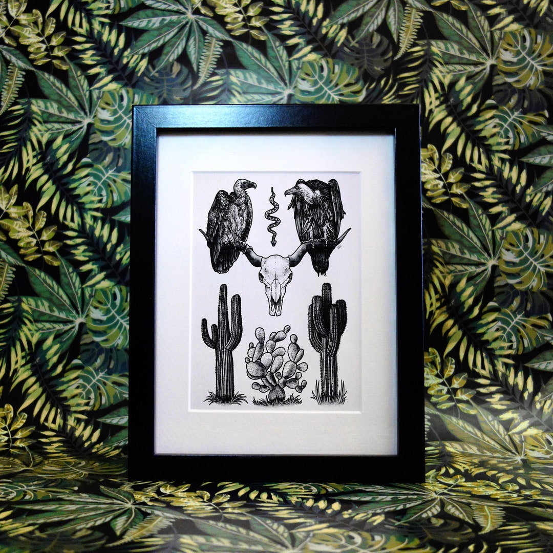 Art Print desert Blues Vulture, Desert, Skull, Longhorn, Cactus ...