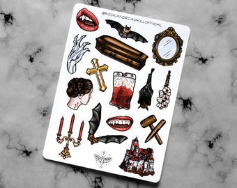 Sticker sheet "Drain The Blood" - vampire, Dracula, garlic, Bran Castle, Goth, bat, coffin, blood, blood bank - Rock&Roadkill