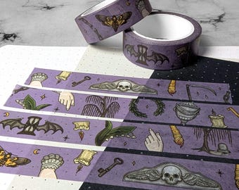 Washi Tape - Victorian, Cemetery, Memento Mori, Skull, Mourning, Tombstone, Grave, Urn, Moth, Adhesive Tape, Purple, Planner - Rock&Roadkill