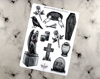 Sticker sheet "Graveyard" - funeral, tombstone, grave, coffin, rose, wreath, raven, candle, urn, goth, dark, sticker, vinyl - RockAndRoadkill