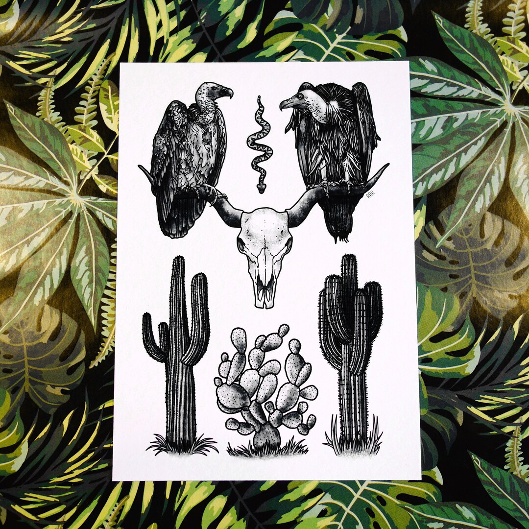 Art Print A3 desert Blues Vulture, Desert, Skull, Longhorn, Cactus ...