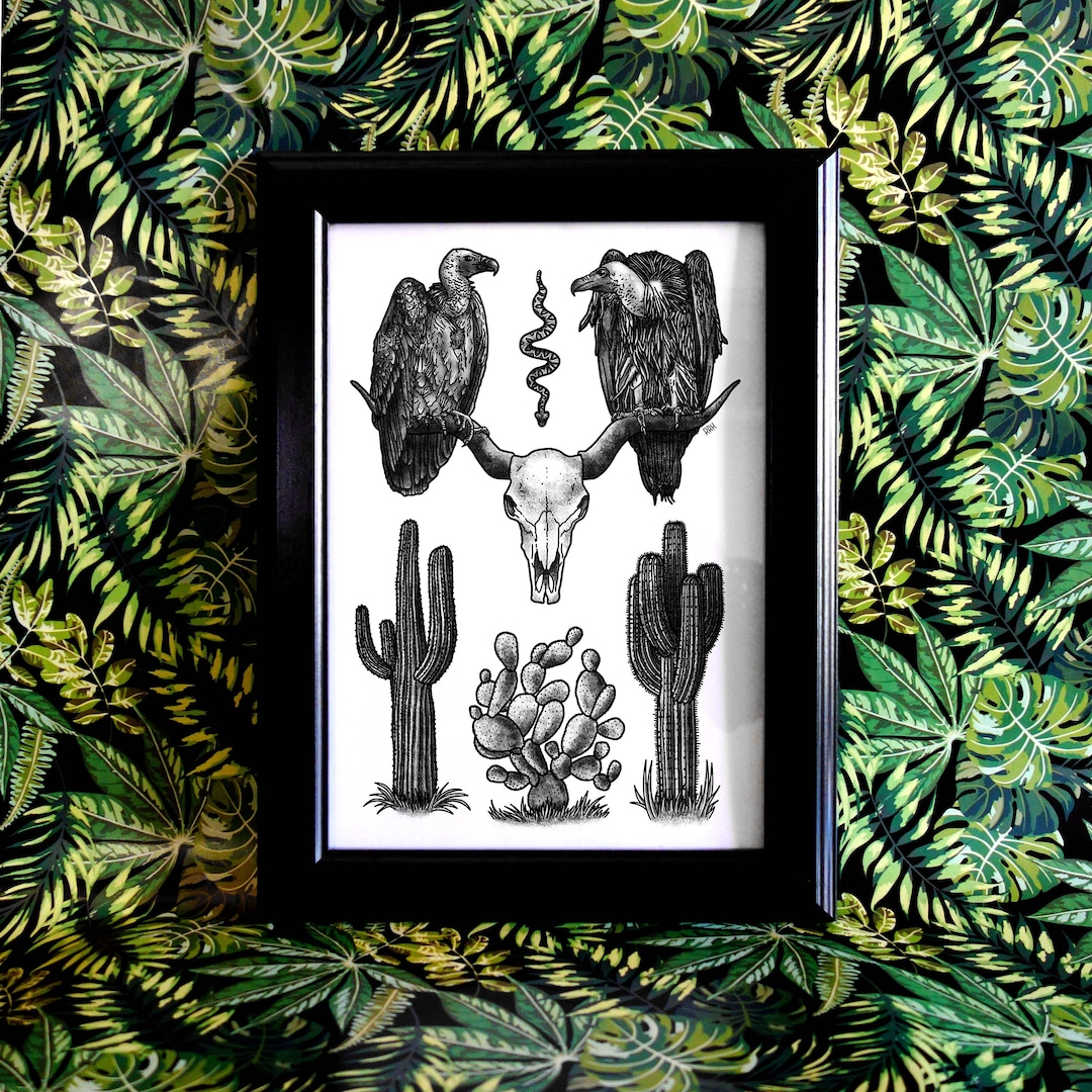Art Print A4 desert Blues Vulture, Desert, Skull, Longhorn, Cactus ...