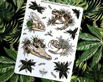 Sticker sheet "Run Through The Jungle" - reptiles, skeletons, succulents, plants, skulls, snakes, frogs, stickers - Rock&Roadkill