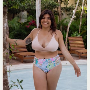 Floral Reversible Bikini: Shimmery Pink Triangle Top, High Waist Swimsuit