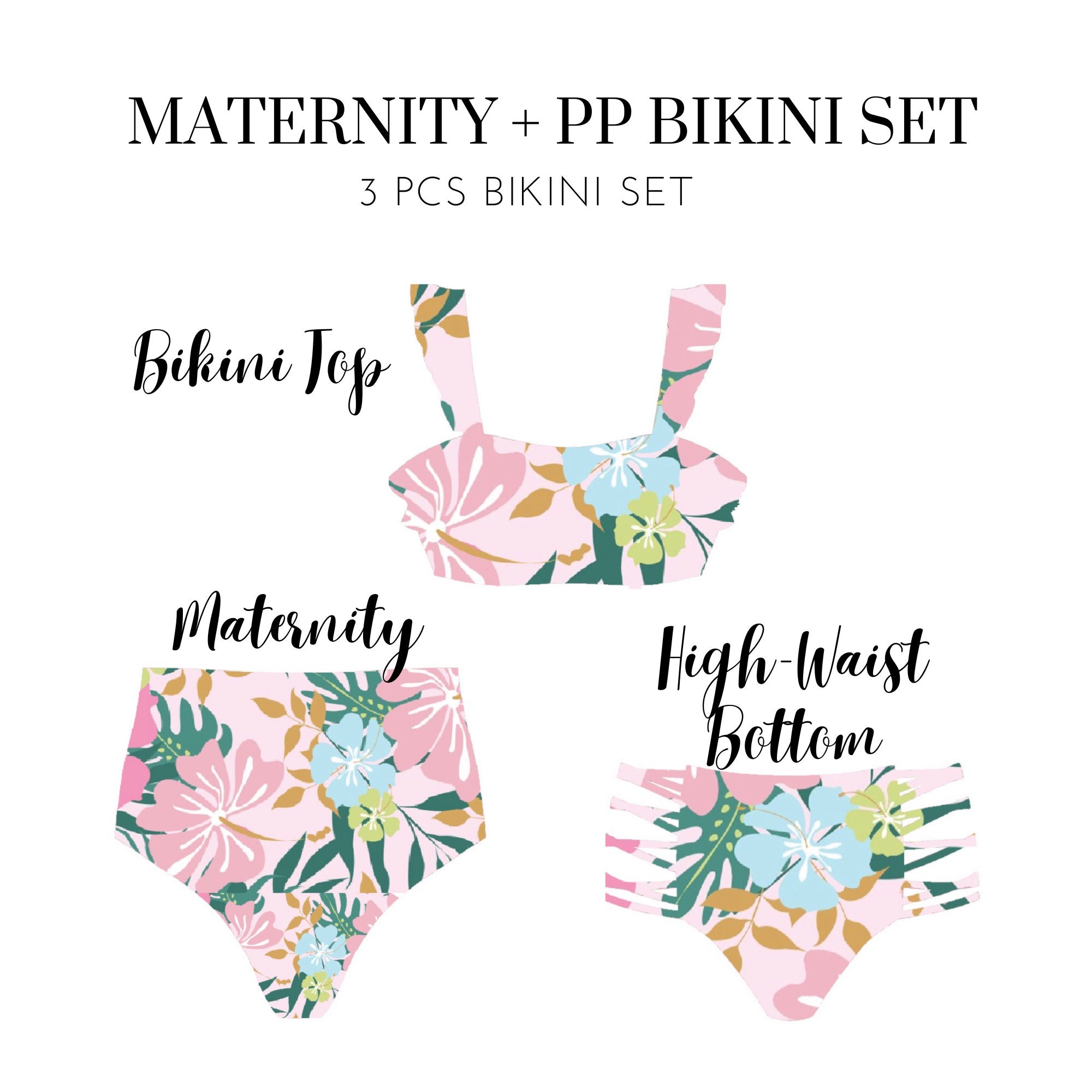 MATERNITY and Post Partum 3 PCS Bikini Set, Ruffle Bikini Top, High Waist  Bikini Bottom, Swimsuit Tropical Print, Maternity Clothes 
