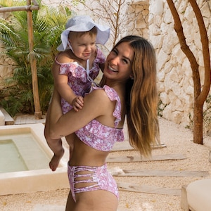 Matching Mommy & Me Swimsuits: Tropical Print, Ruffle Detail