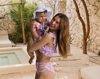 Matching Mommy & Me Swimsuits: Floral Print, Ruffle Detail