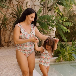 Mommy and Me Floral Swimsuits | Ruffle Strap One Piece | Matching Family Swimwear | Adjustable Bathing Suit for Women + Kids