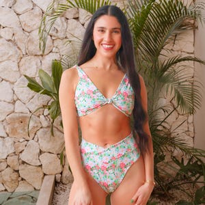 Floral Bikini: Triangle Knot Top & High Waist V-Crossover Bottom