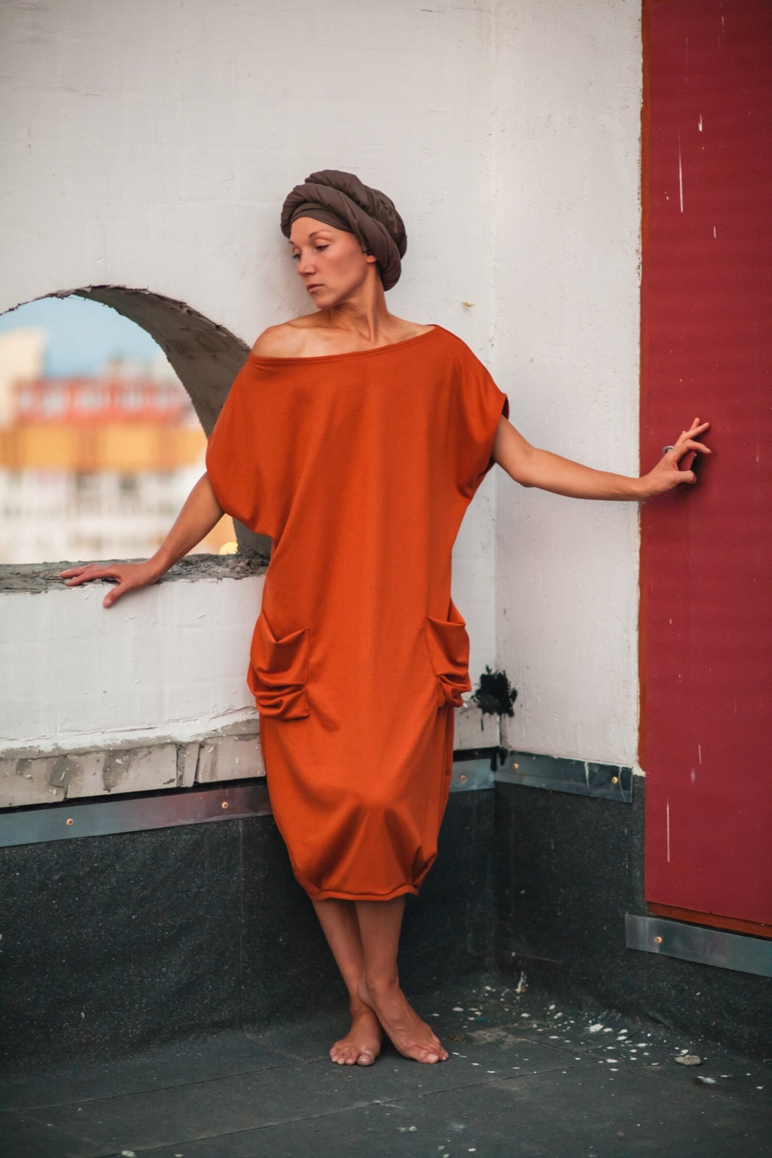 Terracota extravagant oversize midi jersey dress with pockets Etsy