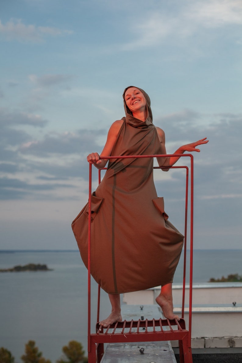 Maxi women comfortable dress Elegant brown long jersey dress with big hood end large pockets