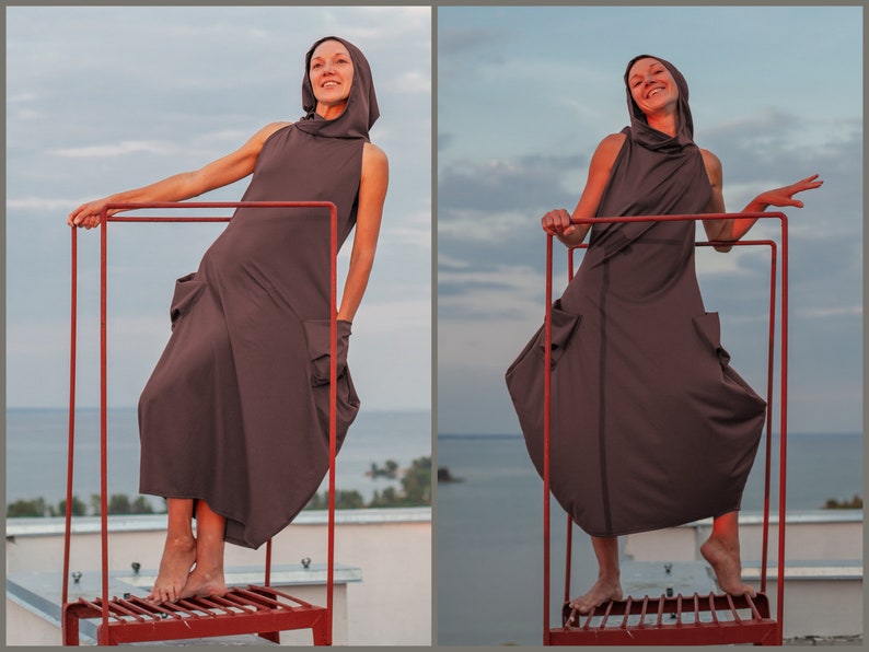 Maxi women comfortable dress Elegant brown long jersey dress with big hood end large pockets