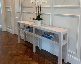 Living Room Custom Grasscloth Console With Center Legs & Shelf Wallpaper Wrapped In Grasscloth Furniture