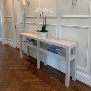 Living Room Custom Grasscloth Console With Center Legs & Shelf Wallpaper Wrapped In Grasscloth Furniture