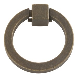 May include: A ring pull cabinet knob with a square base in an antique brass finish.