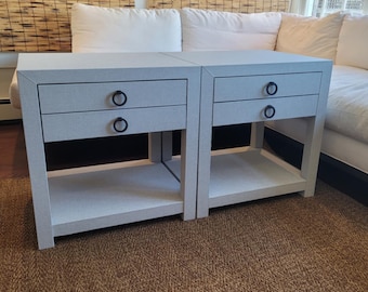 Custom Faux Grasscloth Nightstands: Raffia Wrapped End Tables with Drawers -Pair of 2