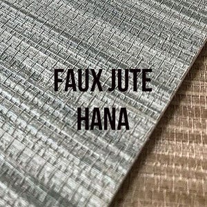 May include: A close-up of two textured surfaces. The left side features a gray faux jute material with a woven pattern. The text "FAUX JUTE HANA" is printed in black. The right side shows a brown, woven surface.