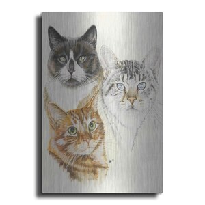 May include: A metal print featuring three cats with different fur patterns and colors. The cat on the left is black and white, the cat in the middle is gray and white, and the cat on the right is orange and white.