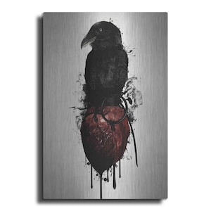 May include: A black raven perched on a red heart with black dripping paint on a silver background.