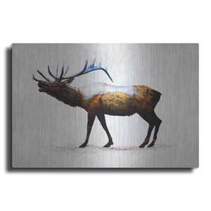 May include: A metal wall art print featuring a brown and white elk with a large antler rack. The elk is silhouetted against a colorful landscape of trees and mountains.
