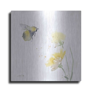May include: A watercolor painting of a bumblebee flying towards a yellow flower on a brushed silver background. The painting is signed "Kate Pate" in the bottom left corner.