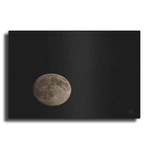 May include: A close-up of a full moon in a dark night sky. The moon is a light gray color with dark gray craters and shadows.