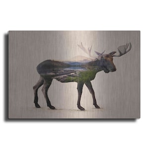 May include: A metal wall art print featuring a silhouette of a moose with a forest scene layered over the animal's body. The background is a brushed silver metal.