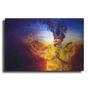 May include: A woman with a red blindfold stands in a fiery orange and yellow light, with blue smoke swirling above her head. The background is a dark purple and blue sky.