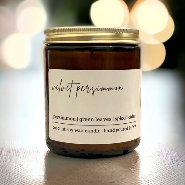 Velvet Persimmon | Coconut Soy Wax Candle, Handmade Winter & Holiday Candle, Natural, Non-Toxic, Glass Amber Jar, Gold Lid, Christmas Gifts