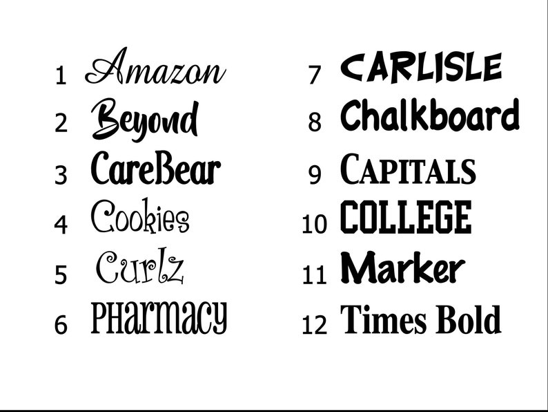 May include: A list of 12 different font styles, numbered 1 through 12. The font styles include Amazon, Beyond, CareBear, Cookies, Curlz, Pharmacy, CARLISLE, Chalkboard, CAPITALS, COLLEGE, Marker, and Times Bold.