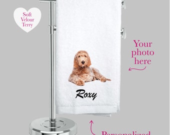Custom Pet Photo Velour Terry Hand Towel: Personalized Dog Gift