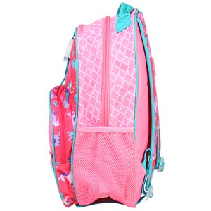 May include: Pink backpack with a turquoise zipper and trim. The backpack has a mesh pocket on the side and a unicorn print.