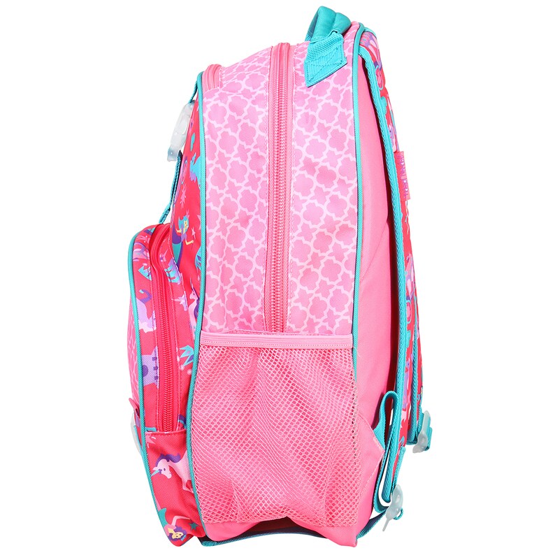 May include: Pink backpack with a turquoise zipper and trim. The backpack has a mesh pocket on the side and a unicorn print.