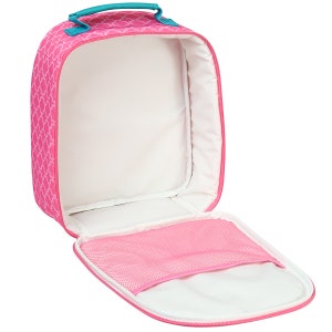May include: Pink lunch bag with a geometric pattern and a mesh pocket inside. The bag is open and the inside is visible.