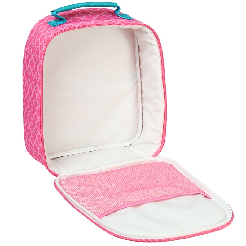 May include: Pink lunch bag with a geometric pattern and a mesh pocket inside. The bag is open and the inside is visible.