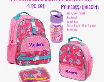 Girls Princess Unicorn Backpack Set: Personalized School Bag, Lunchbox, Bottle