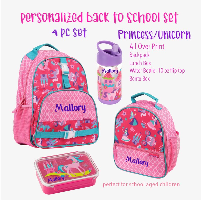 May include: Pink and blue 4-piece personalized back to school set with a princess and unicorn theme. The set includes a backpack, lunchbox, water bottle, and bento box. The items are all decorated with a pink and blue princess and unicorn design and have the name "Mallory" printed on them.