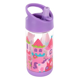 May include: A purple and pink water bottle with a straw and a unicorn and castle design. The bottle has a purple lid with a carrying handle.