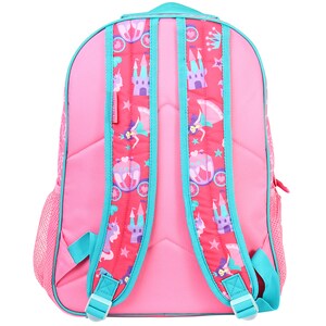May include: Pink backpack with a princess theme. The backpack has a turquoise trim and features a repeating pattern of castles, unicorns, and carriages.