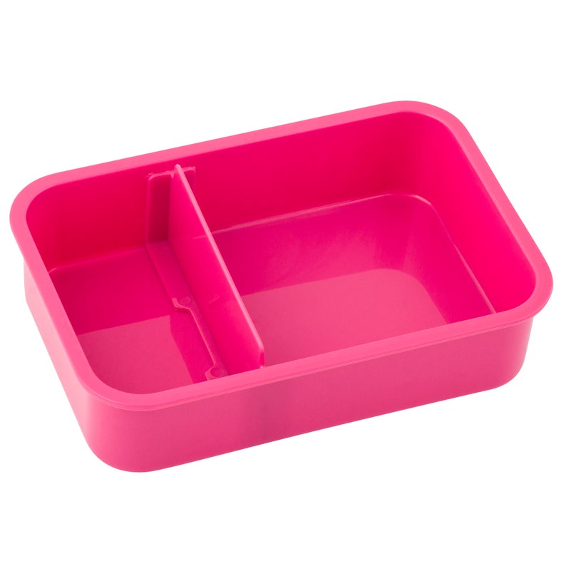 May include: A pink plastic lunchbox with a divider in the middle. The lunchbox is empty.