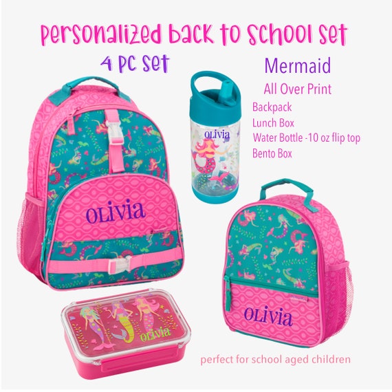 GIRLS Lunch Box Set/personalized Mermaid Lunch Box/4 Pc Kids Backpack/back  to School/personalized Lunch Box/monogrammed Backpack/mermaid 